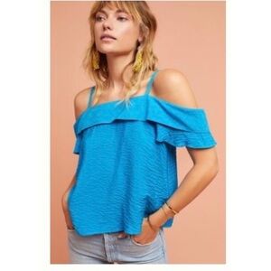 𝅺Nwt Anthropologie Mandalay open shoulder top blouse size XS Blue Summer New